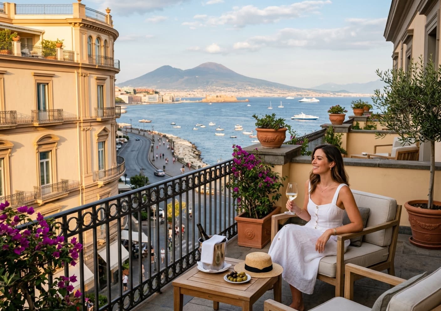 Terrazza con vasi in terracotta e bougainville affacciata sul golfo di Napoli