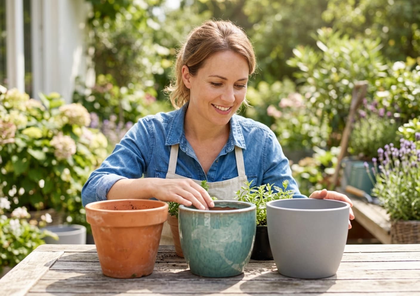 Tre vasi affiancati in terracotta, ceramica smaltata e resina a confronto