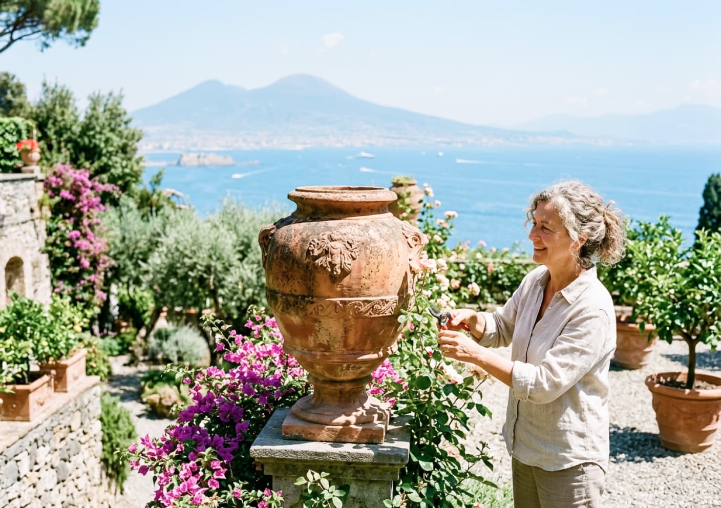 Giardino di villa storica con grandi orci in terracotta toscana e siepi di bosso