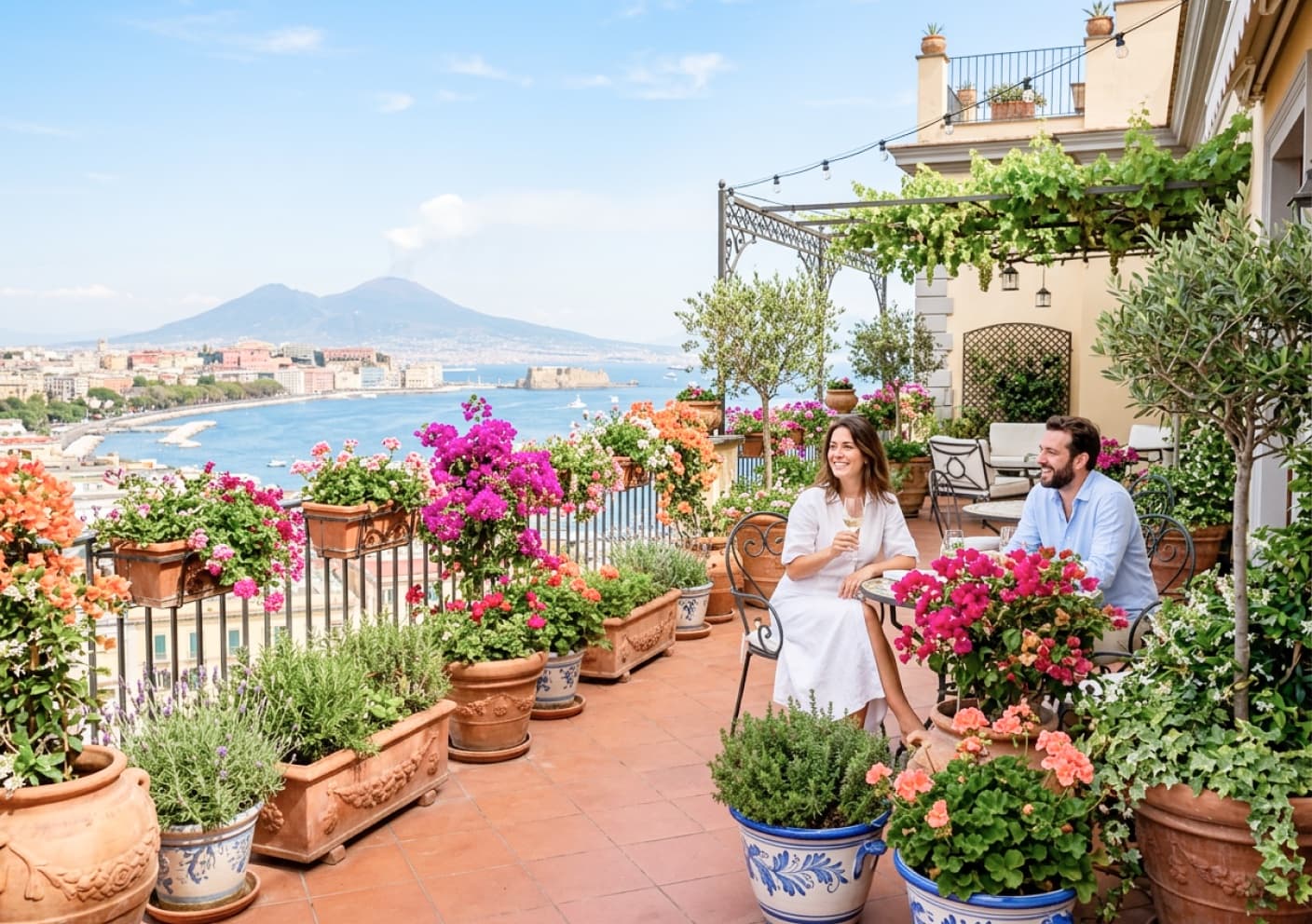 Terrazza di hotel a Napoli con vasi in terracotta e bougainville affacciata sul golfo