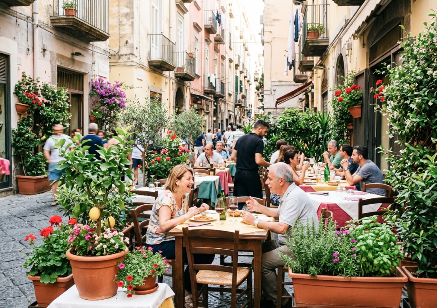 Dehors di ristorante con fioriere in terracotta, gelsomini e ulivi potati a boule