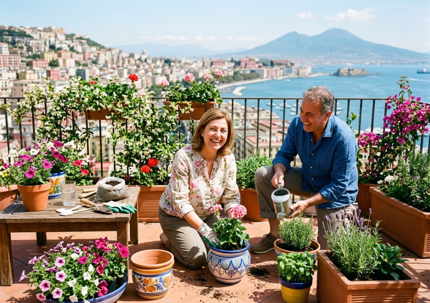 Terrazzo in primavera con vasi in terracotta, gerani rosa e piante aromatiche fiorite