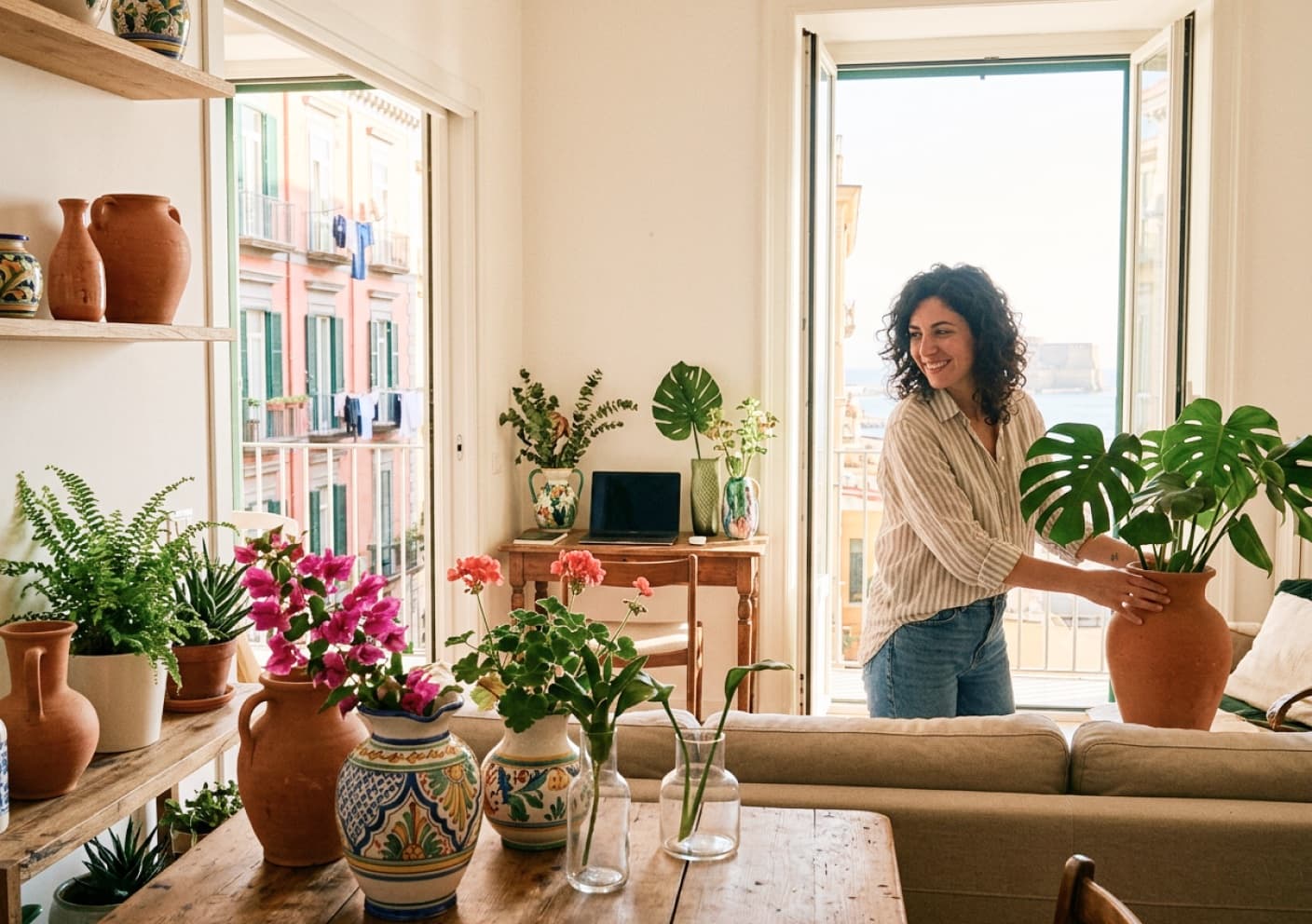 Soggiorno moderno con vaso in ceramica bianca e monstera, poltrona in lino beige