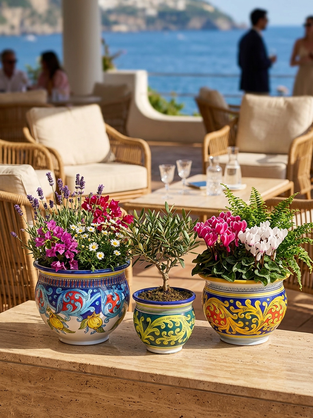 Tre cachepot in ceramica dipinta a mano stile Deruta con fiori su tavolo vista golfo