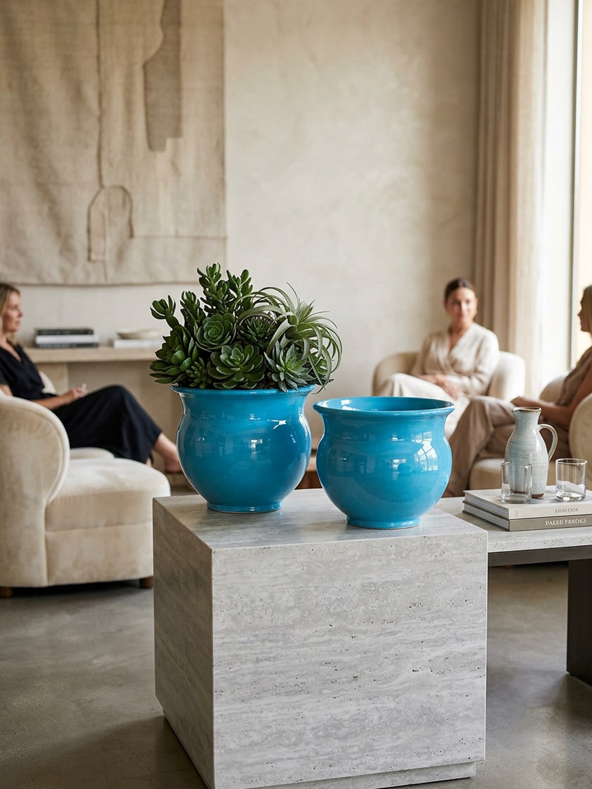 Coppia di vasi in ceramica azzurra lucida con piante grasse su cubo in travertino