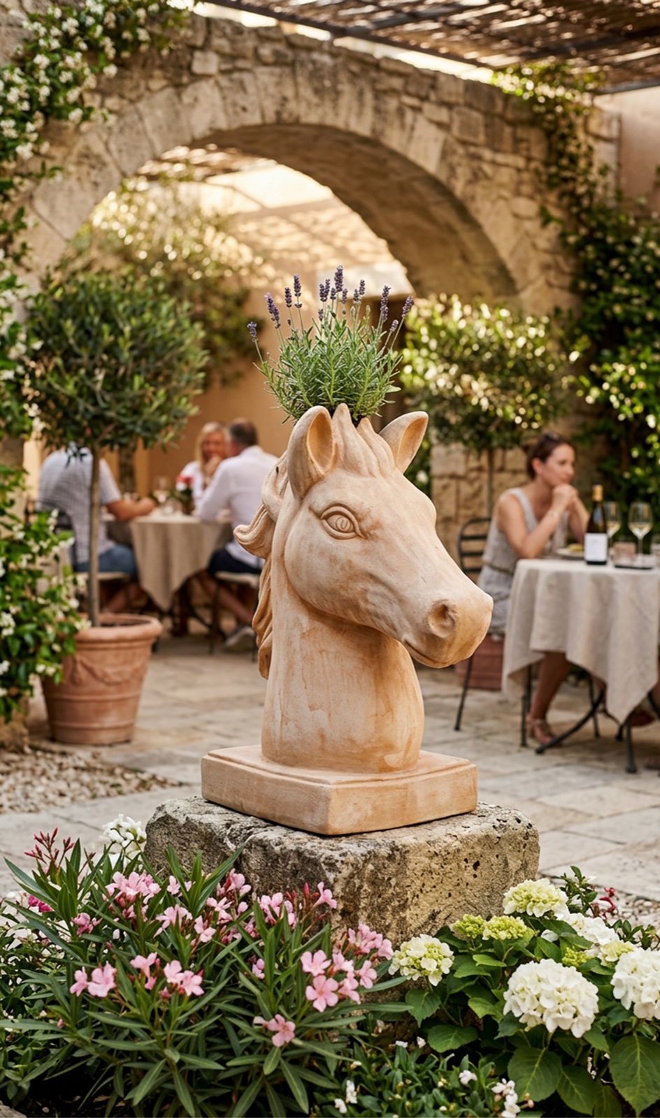 Scultura in terracotta a testa di cavallo con lavanda in giardino mediterraneo