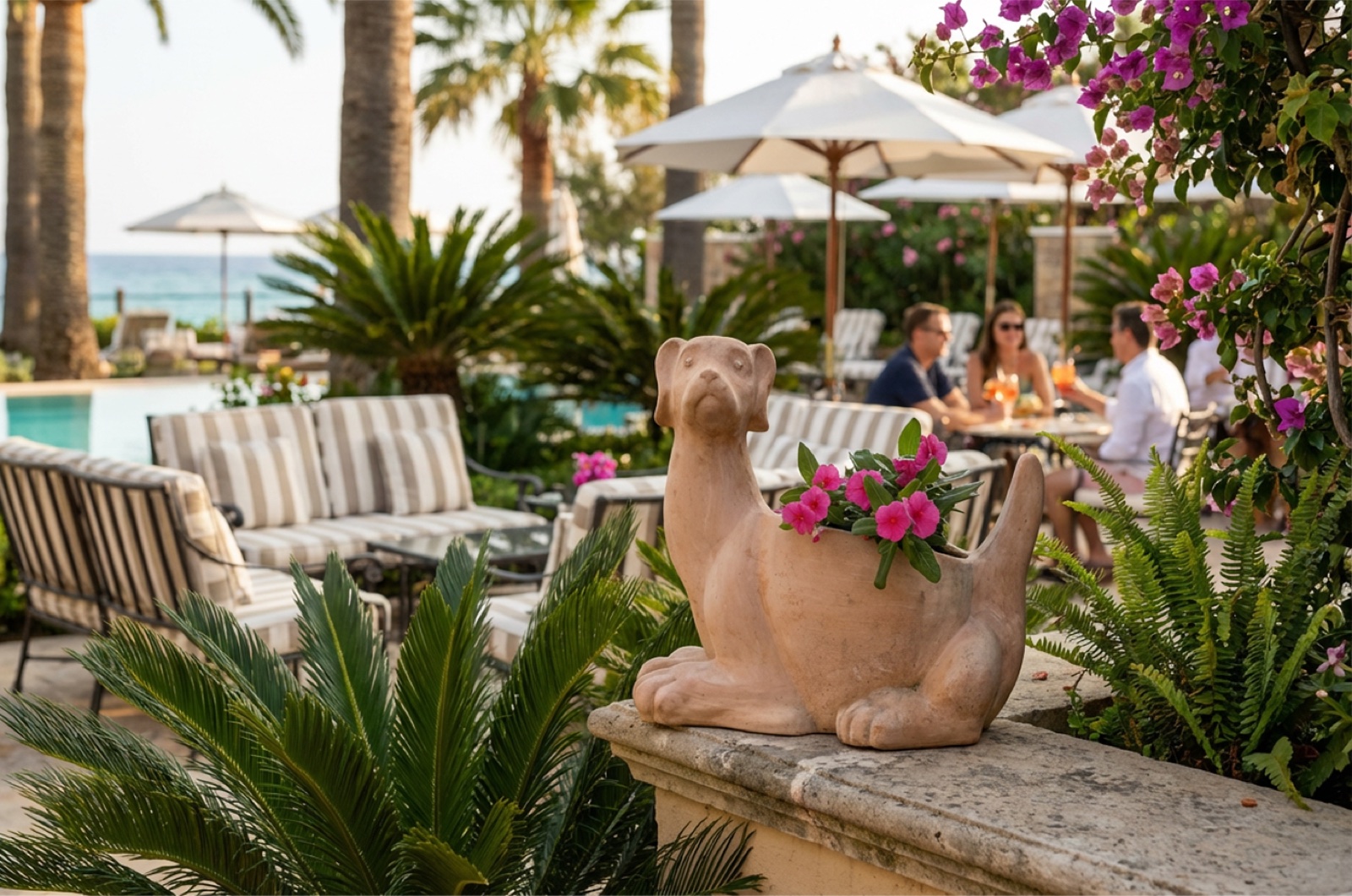 Scultura in terracotta di pantera sdraiata con fiori rosa a bordo piscina